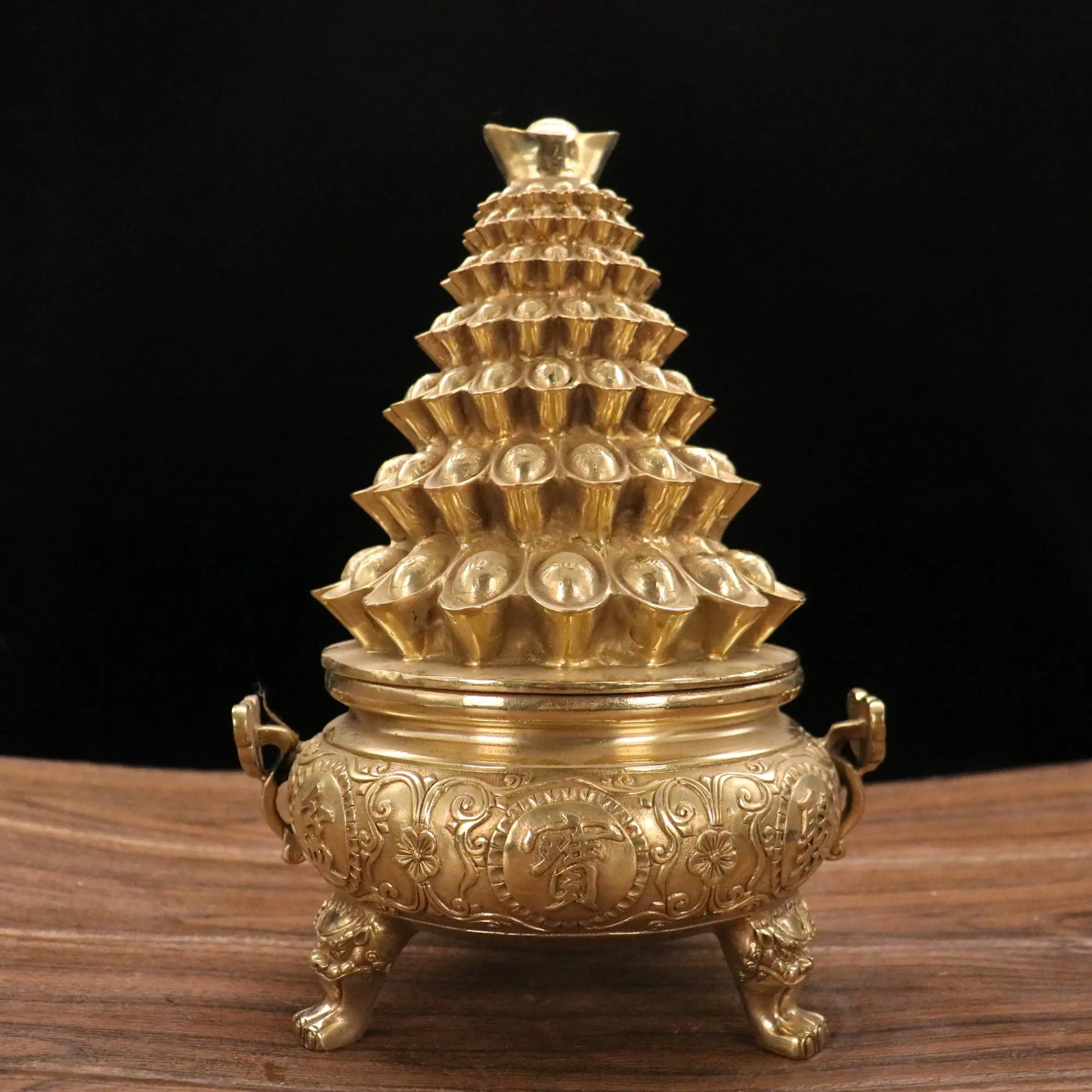 

11"Tibetan Temple Collection Old Bronze Brass Treasure Bowl incense burner Ingots coin Gather fortune office ornament Town house