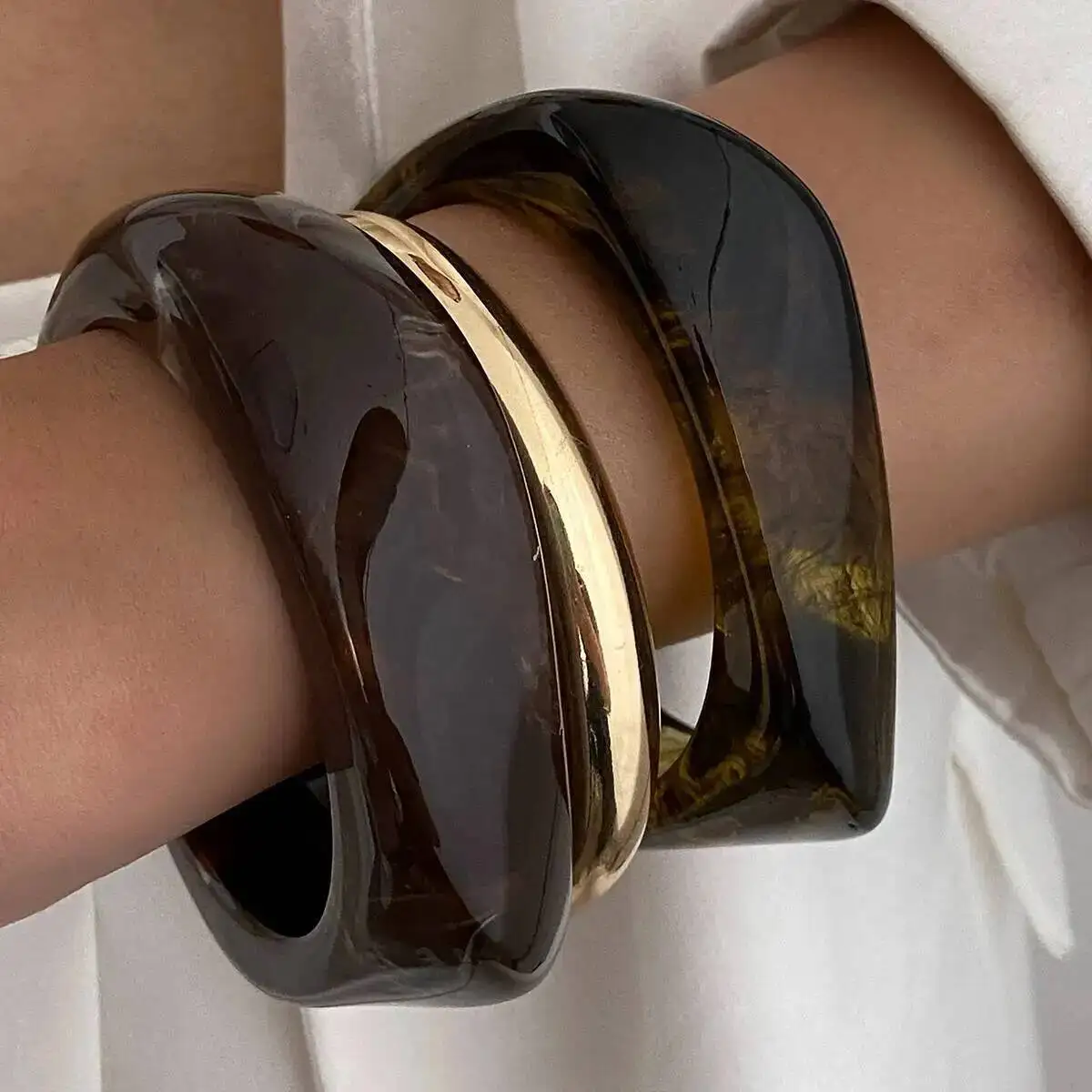 KunJoe 3 Styles Retro Brown Irregular Resin Wide Bracelets for Women Boho Stackable Thick Acrylic Bracelet Bangles Jewelry Gift