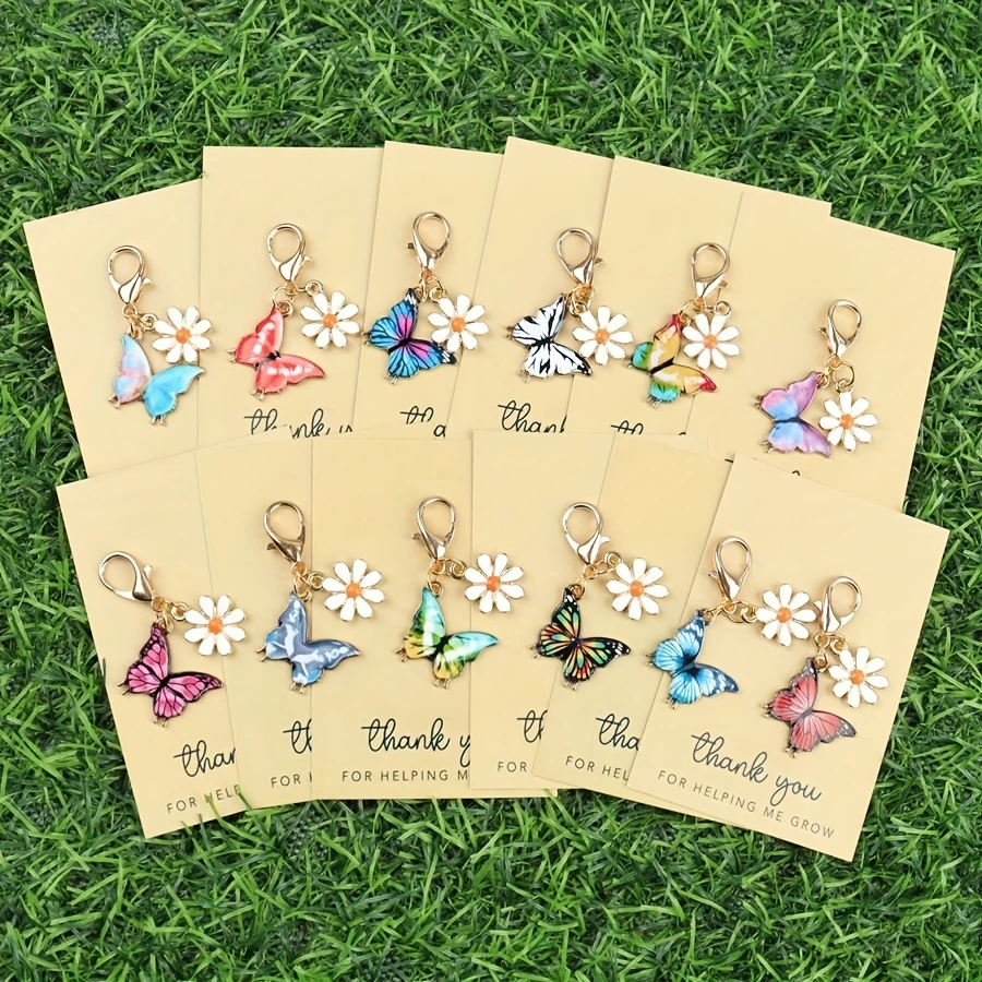 12 Sets Flat Angle Thank You Cards with Colorful Butterfly Designs & Small Chrysanthemum Keychain, Perfect Pocket Gift for Famil
