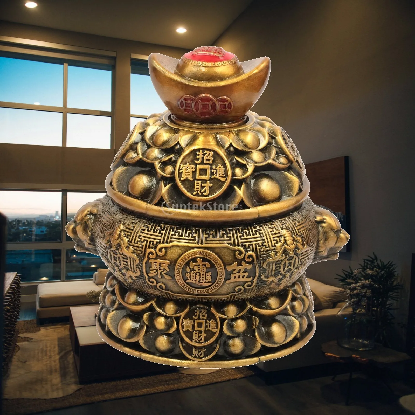Antique Gold Tone Treasure Basin Ornament Compact Feng Shui Decorative Vessel for Shelves Desk Side Table Display