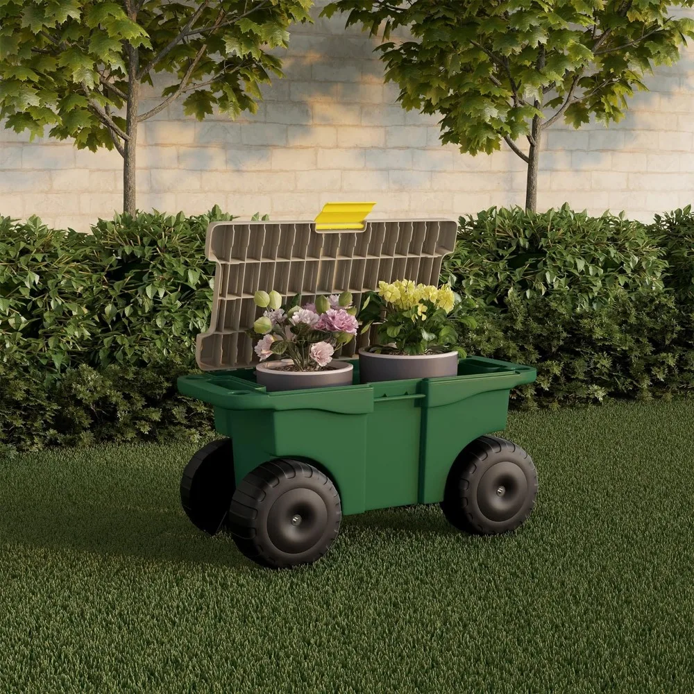 Rolling Garden Cart with Seat - Plastic Storage with Bench and Interior Tool Tray - Gardening Stool for Weeding