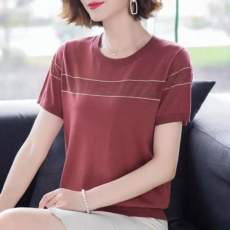 

Summer Short Sleeve Round Neck Women's T-shirt Loose Striped Fashion Casual Pullover Female Clothing Knitted Vintage Tops