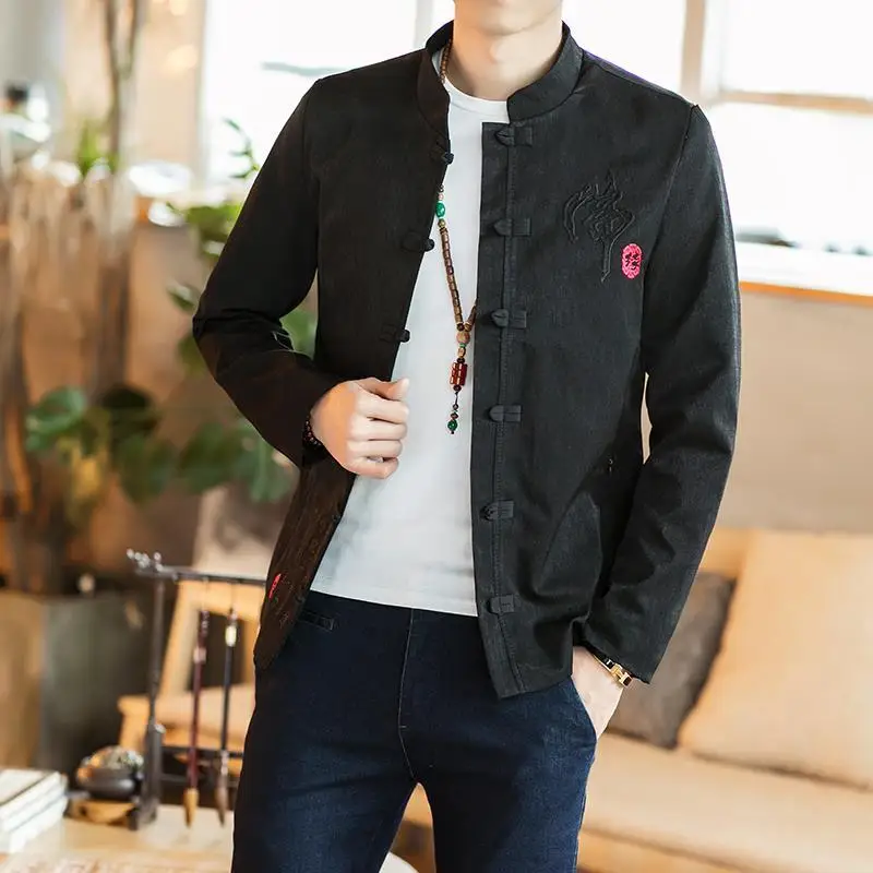 Chinese Sle Embroidered Jaet Stand Collar Men's Youth Cotton Thiened Autumn Outerwear Button Detail CleanFit Design
