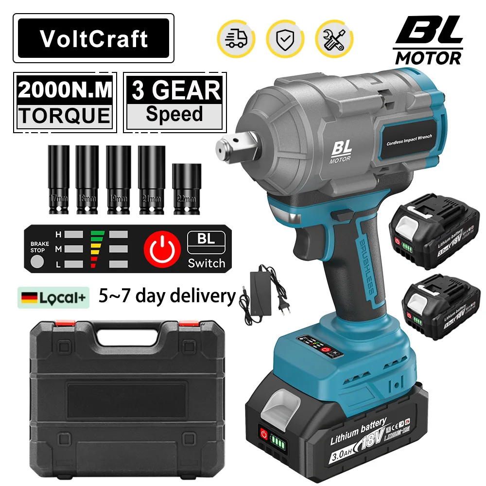 

2000N.M Torque Brushless Electric Wrench 1/2 inch Impact Wrench Cordless Screwdriver Wrench Power Tool For Makita 18V Battery cr
