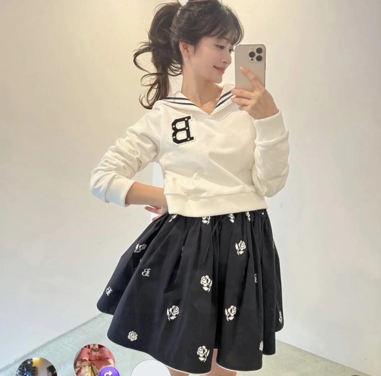 New Navy Collar Embroidered Long Sleeve Sweatshirt Women's Slim Fit Crew Neck Pullover Short Length Summer Fashion Commute Style