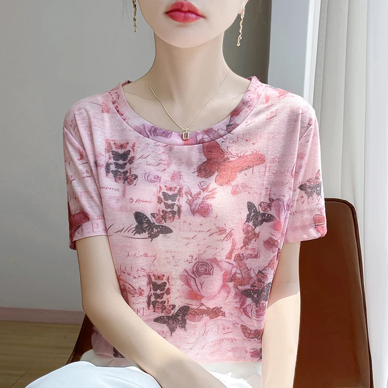 Spring And Summer New Round Neck Knitted Short Sleeve T-shirt Women\'s Printed Loose Bottoming Top