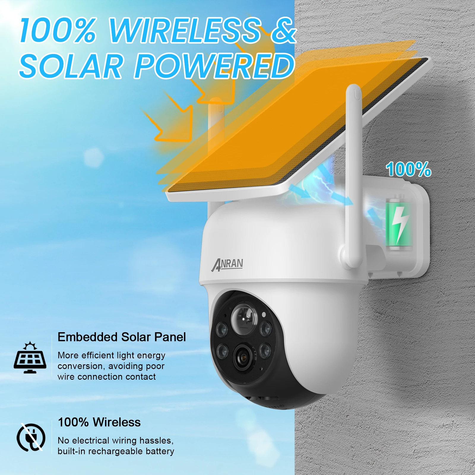 ANRAN 2K Wifi Camera Solar Panel 4MP Solar Battery Surveillance Cameras Home Security Protection PIR Humanoid Detect ARCCTV app