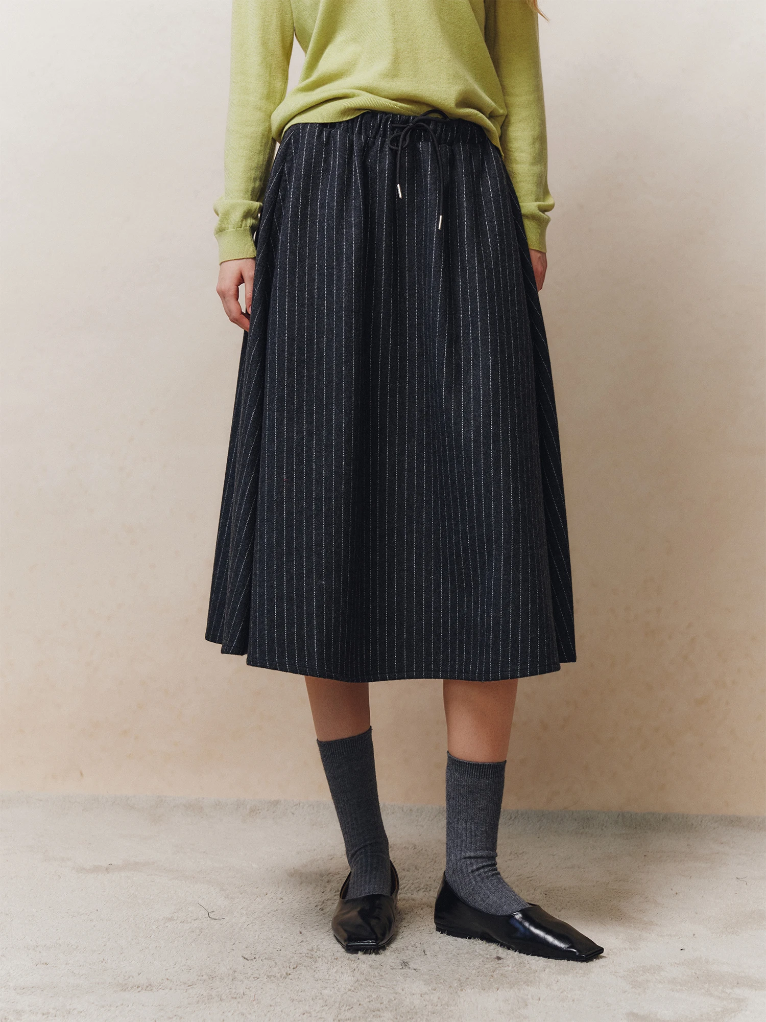 Commute Practical Wool Blend Tweed Fabric A-Line Striped Half Skirt Elastic Waist Drawstring Women's Fashion Spring Autumn