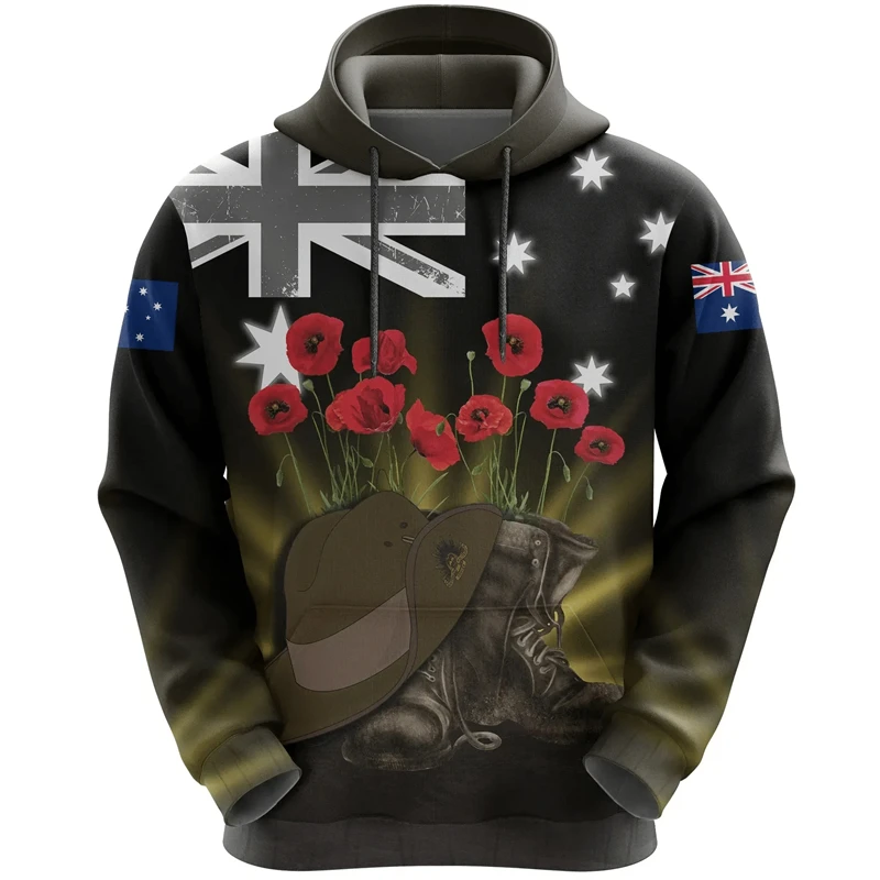 Anzac Day 3D Printed Hoodies For Men Clothes Lest We Forget Australia New Zealand Hero Sweatshirts Remember Flower Pullovers Top