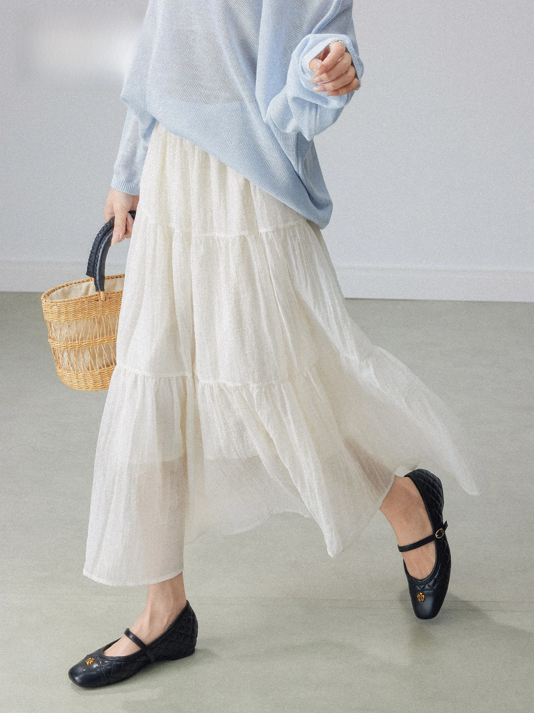 

High Waist A-Line Midi Skirt Women's Spring Summer 2026 New Style Flowing Mesh Half Skirt Slimming Elegant Long Skirt