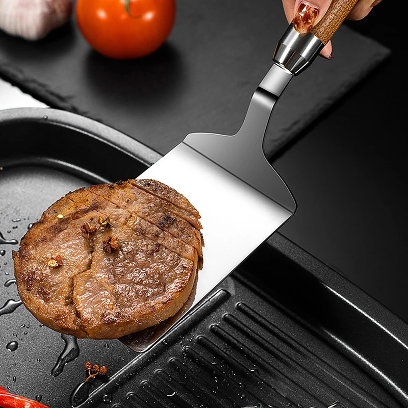 1PC Stainless Steel  Kitchen BBQ Tools Steak Spatula Pancake Scraper Turner Grill Beef Fried Pizza Shovel With Wood Handle