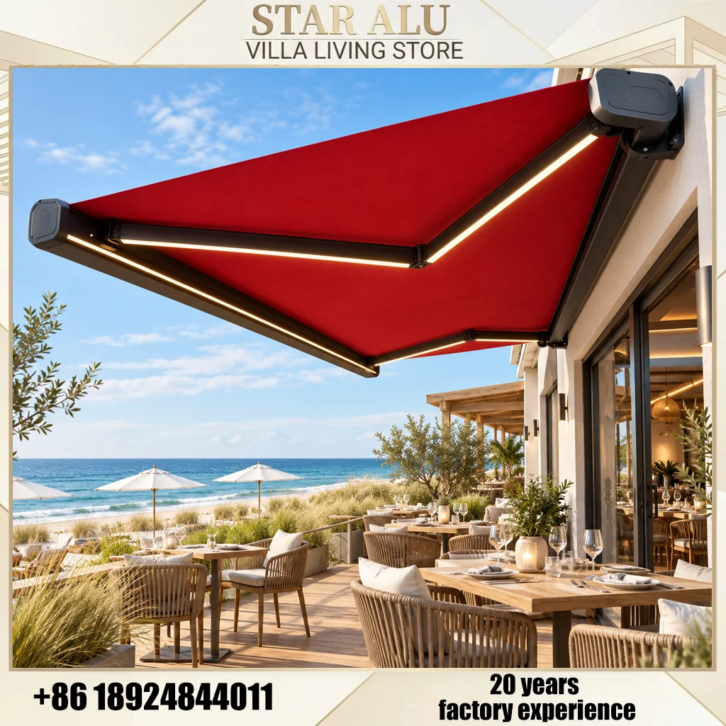 Electric Aluminum Full Cassette Awning Waterproof Retractable Acrylic Canopy LED Light Sunshade for Patio Balcony Terrace