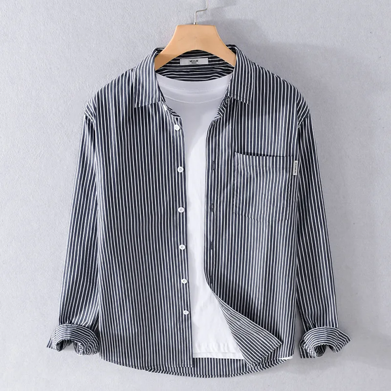 Casual Striped Long Sleeve Shirt Men's Loose Iron-Free Vintage Japanese Style Spring Autumn Fashion Artistic Loose Fit Shirt