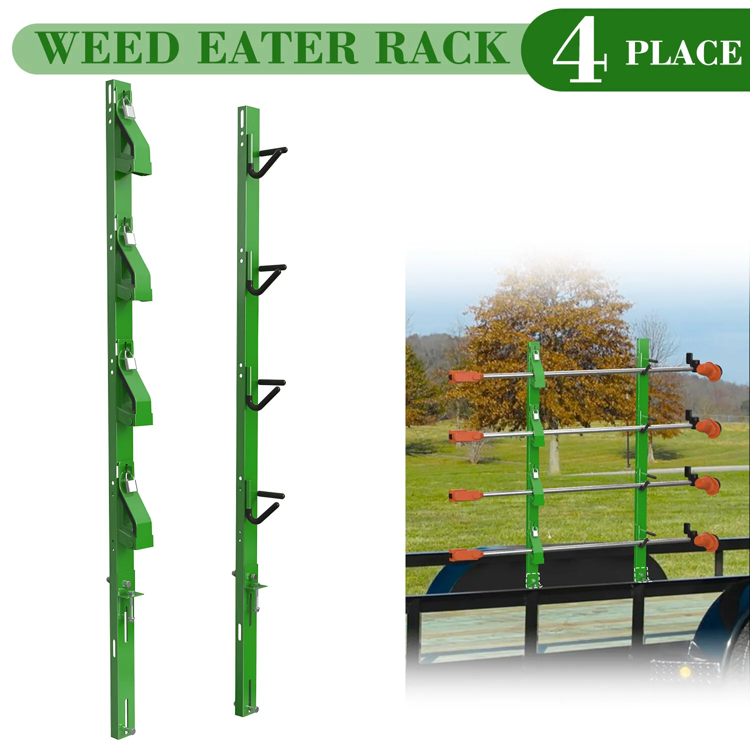 

Green 4 Place Lockable Weedeater Trimmer Rack Upgraded For Enclosed/Open Trailer