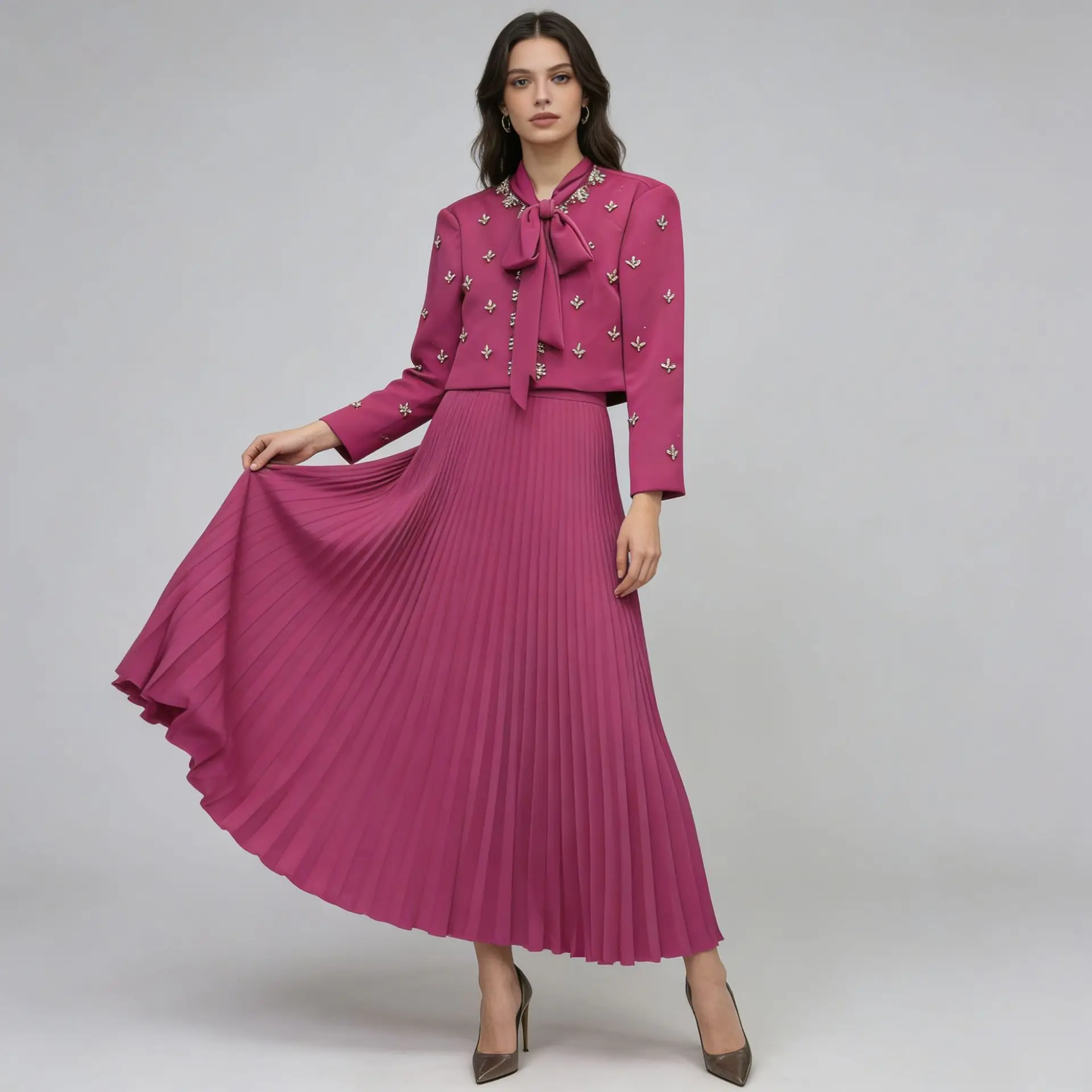 

Luxury Magenta Two-Piece Dress Set - Rhinestone Embellished Blouse, Pleated Maxi Skirt