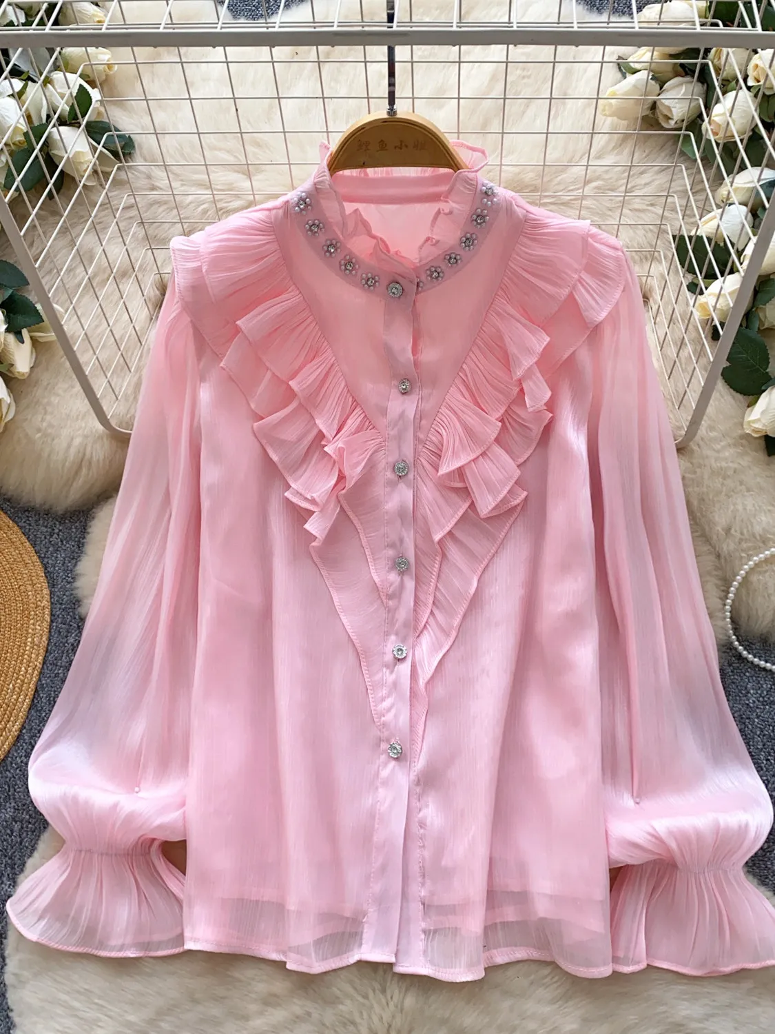 

2026 New Spring Women French Stand Collar Flare Sleeve Shirt Heavy Work Diamonds Double Ruffles Single Breasted Shirt Tops