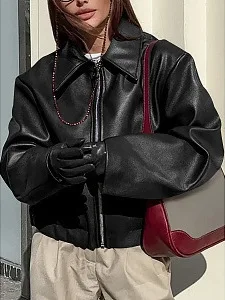 Retro Motorcycle Sle Wine Red Leather Jaet Women's ort Outerwear Zipper Design Loose Fit Long Sve Busin Casual