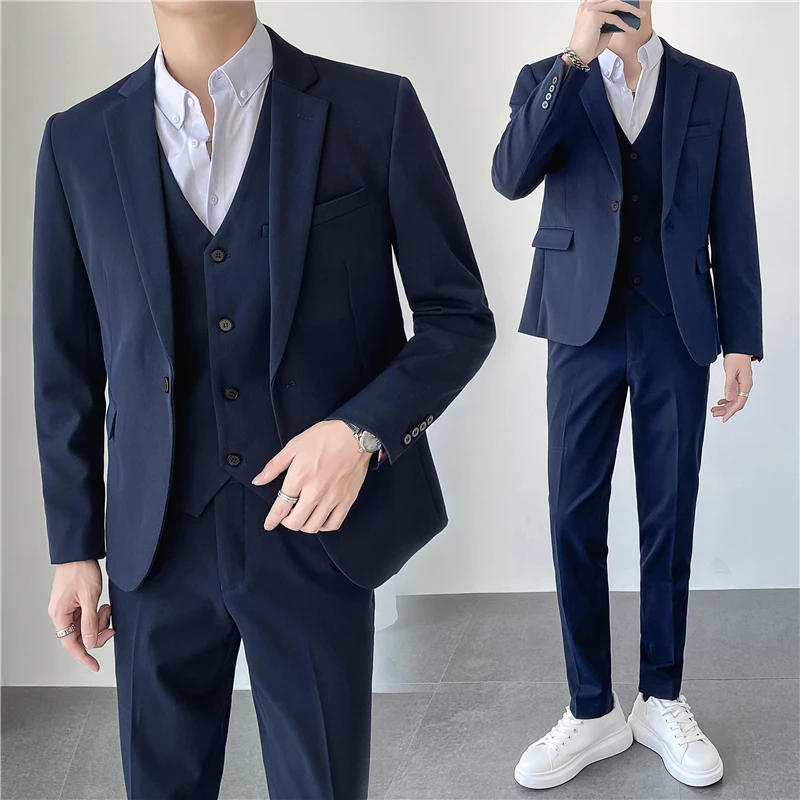 

2024 Light wind ins Korean version slim-fit men (suit + vest + trousers) Fashion business casual one-button suit three-piece set