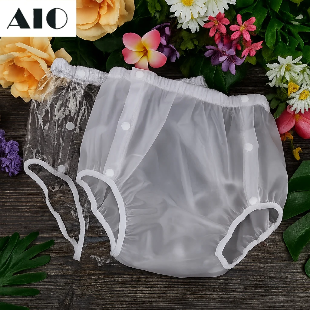 กางเกงผ้าอ้อมสำหรับผู้ใหญ่แบบกันน้ำ TPU ดีไซน์กระดุมแป๊ก สามารถเปิดปิดได้ง่าย ทำความสะอาดง่าย เหมาะสำหรับผู้มีภาวะกลั้งปัสสาวะไม่รับตัว  แบบโปร่งแสง ใช้เป็นชุดคลุมสำหรับว่ายน้ำได้