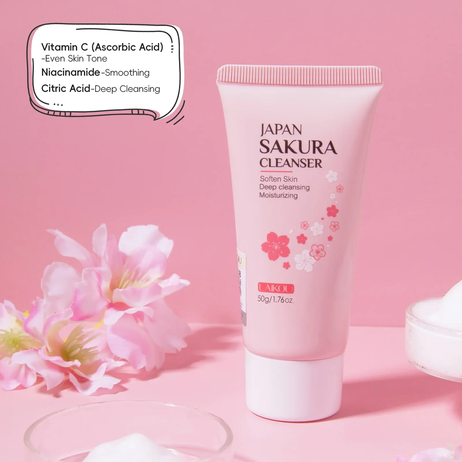 

1pcs Sakura Cleanser Rich Foam Deep Clean Remove Grease Improve Oily Face Wash Cream Gentle Moisturizing