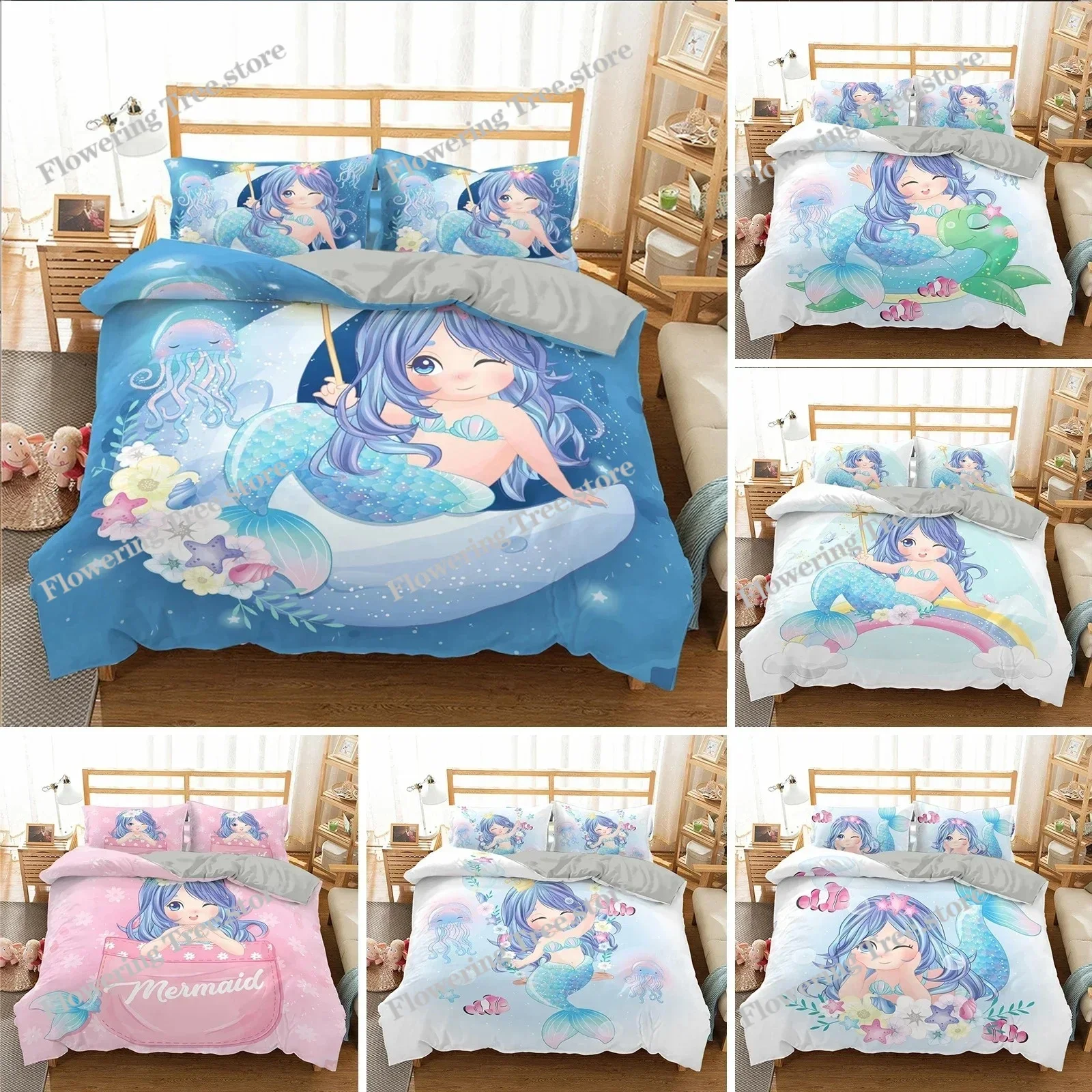 

Mermaid Duvet Cover Set King Size,Microfiber Underwater World Bedding Set with Pillow Sham,Ocean Comforter Cover TwinQueen Size