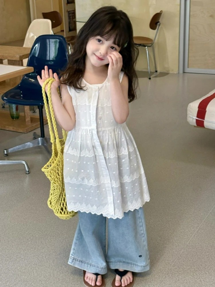 Child Summer Sweet Aesthetic Lace Jacquard Layered Vest Dress for Girls Lightweight Sun Protection Sleeveless Cover-Up Dress