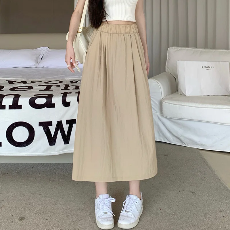 Yamamoto Solid Color Women Summer Half Length Skirt 2024 Appear Thin Vintage Pleated Elastic Waist Loose Affordable Casual Skirt