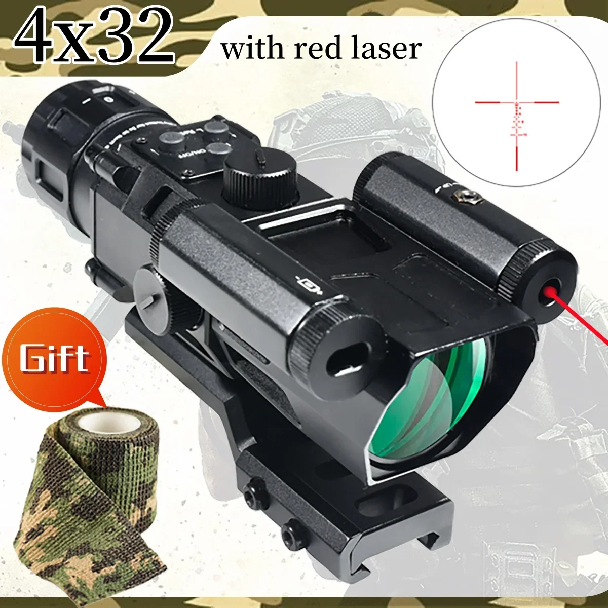 

Hunting 4x32 Red Illuminated Reticle Prism Rifle Scope with Red Laser Tactical Combo Sight 20mm Rail Firearms Airsoft Collimator