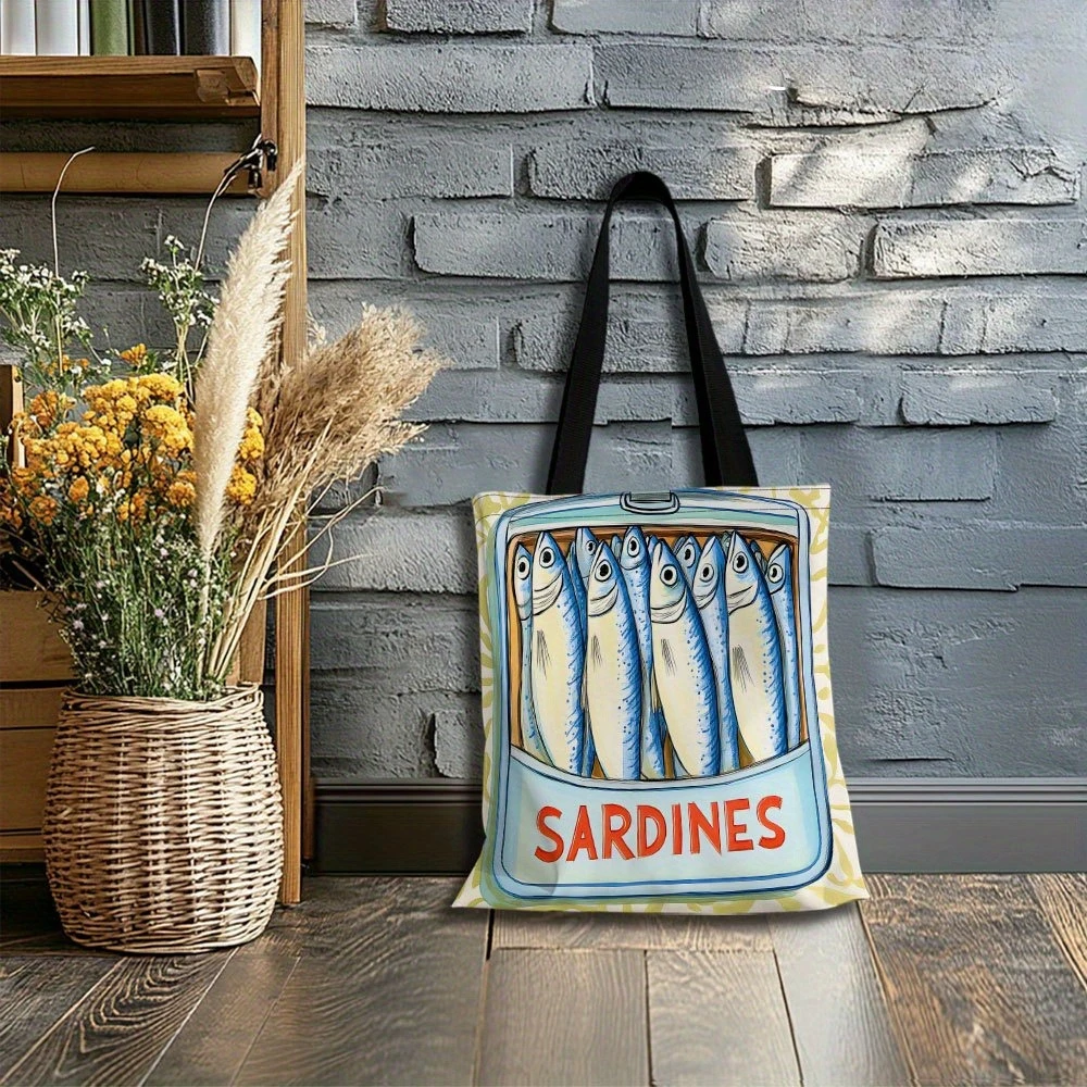 1pc Sardine Artwork Canister Tote Bag Stylish Womens Shopping Bag Vibrant Fish Design Durable Polyester Tote Bag