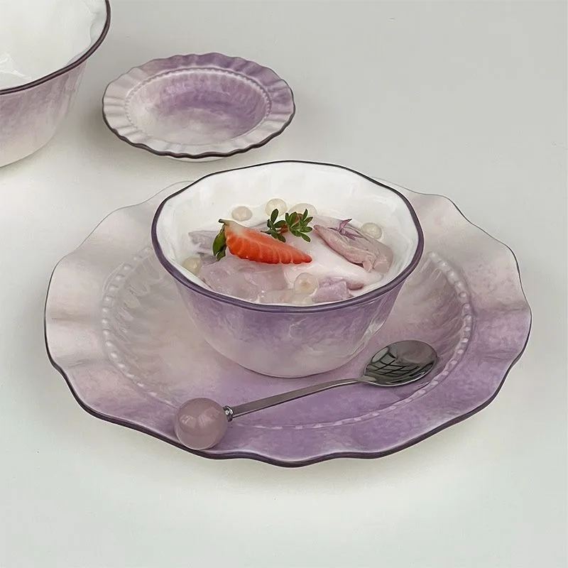 Advanced Gradient Purple Lace Bowl Ceramic Dessert Noodle Bowl Breakfast Small Household Rice Bowls Tableware