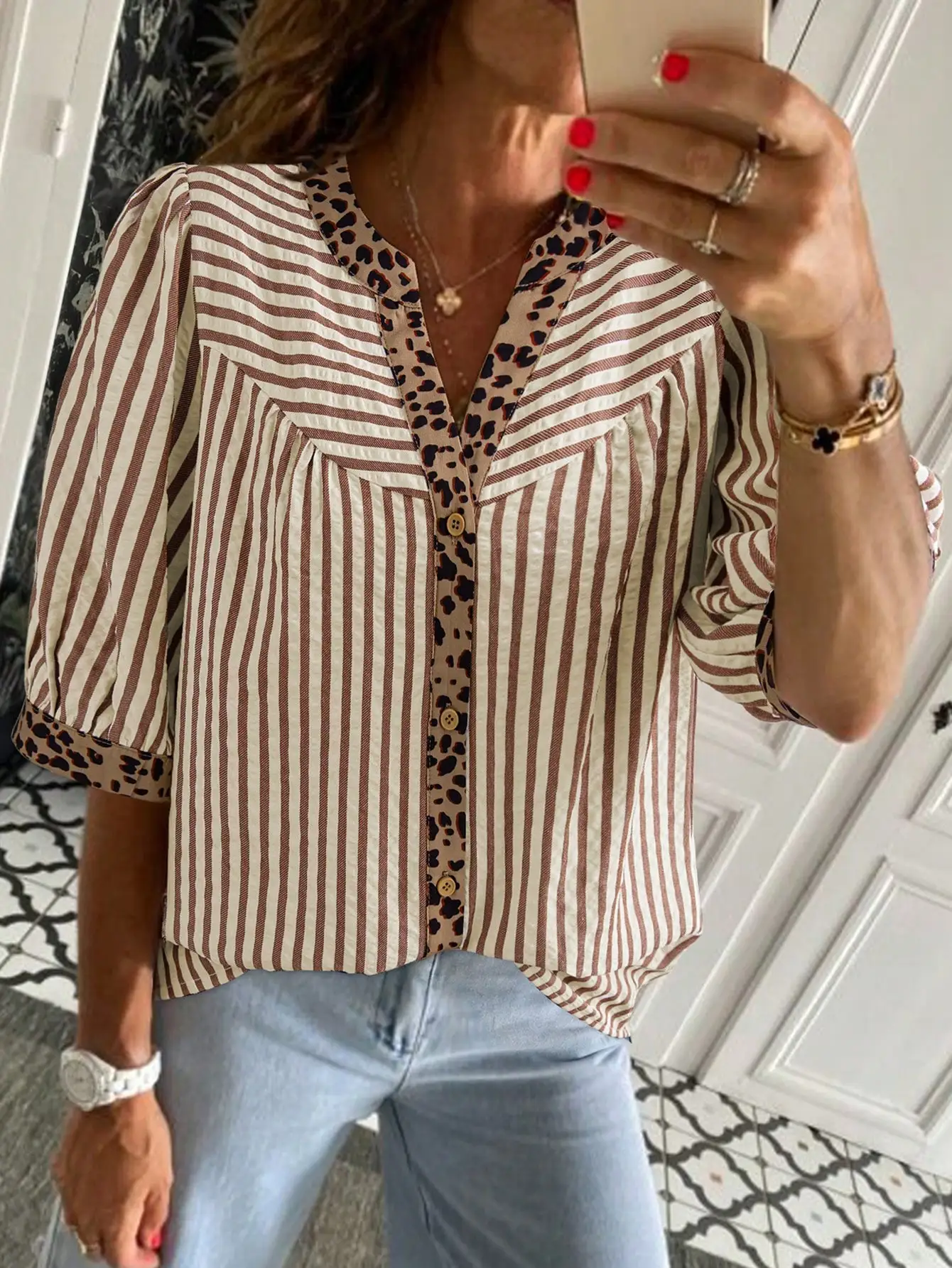 

Brown Striped And Leopard Print V-Neck Button Up Casual Shirt Spring Summer