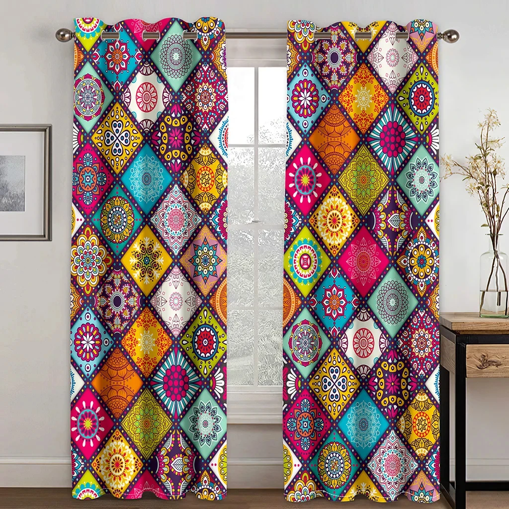 2pcs Boho Mandala Printed Window Curtains For Bedroom Living Room Rod Pocket Drapes For Bathroom Patio Door Windows Home Decor