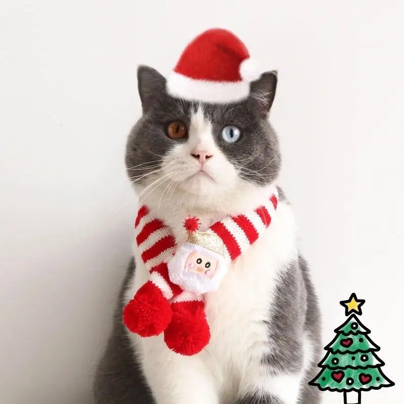 QX2E Christmas Pet Knit Scarf Dog Winter Striped Scarf Xmas Pet Costume Accessories