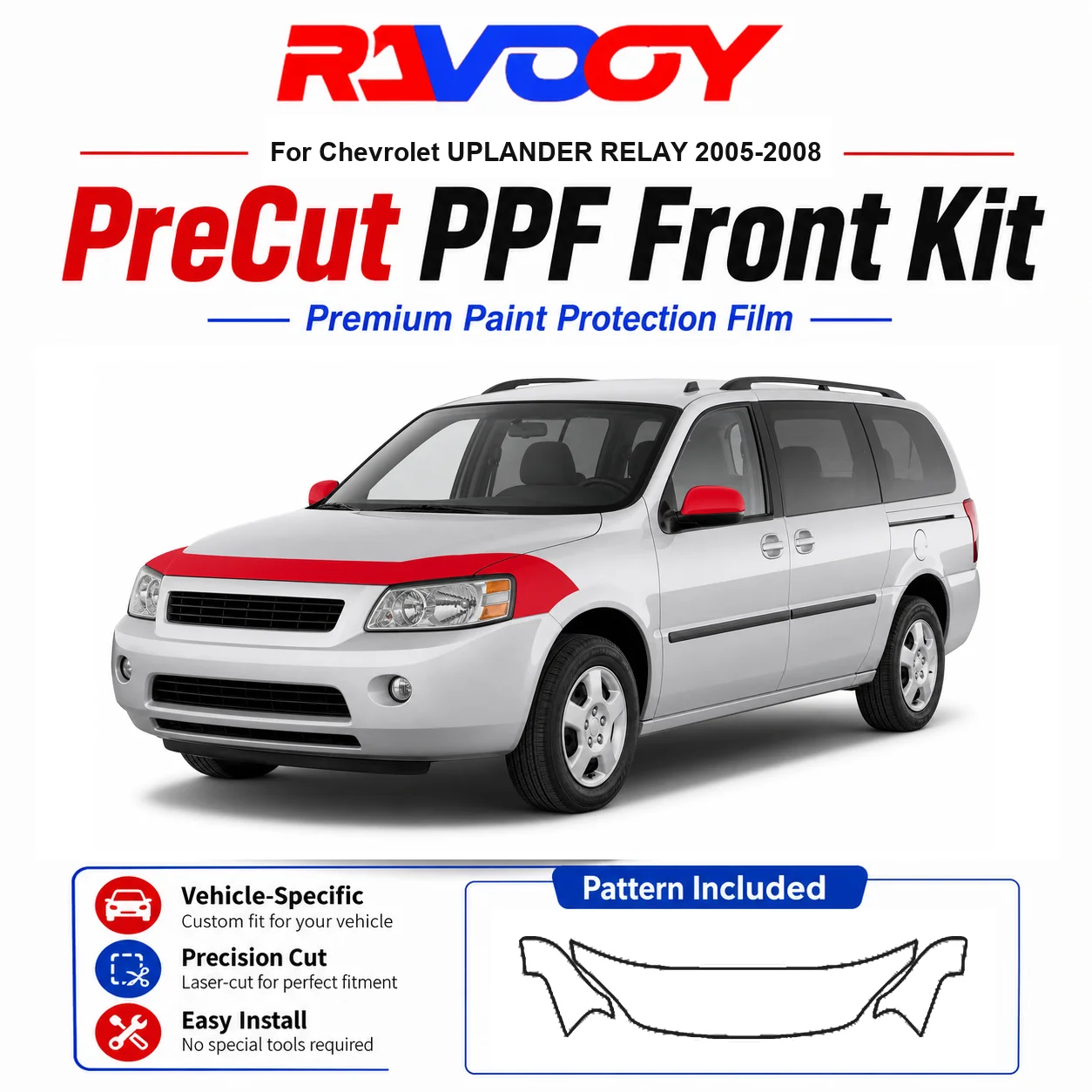 Kit de PPF precortado de TPU de 8.5mil para Chevrolet UPLANDER RELAY 2005-2008 - Juego de capó, guardabarros y espejos - Película transparente autorreparable