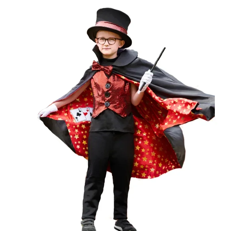 Kinder Magier Kostüm Top mit rotem Umhang Hut Magier Outfit Magier so tun, als spielen Dress Up Set für Jungen Mädchen Halloween Requisiten