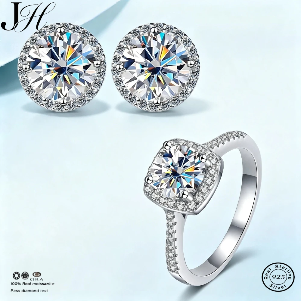 JOIAS HOME Silver925 D Color  moissanite Gem Set Simple And Elegant Round Earrings And Square Rings Wedding Jewelry Set For Wife