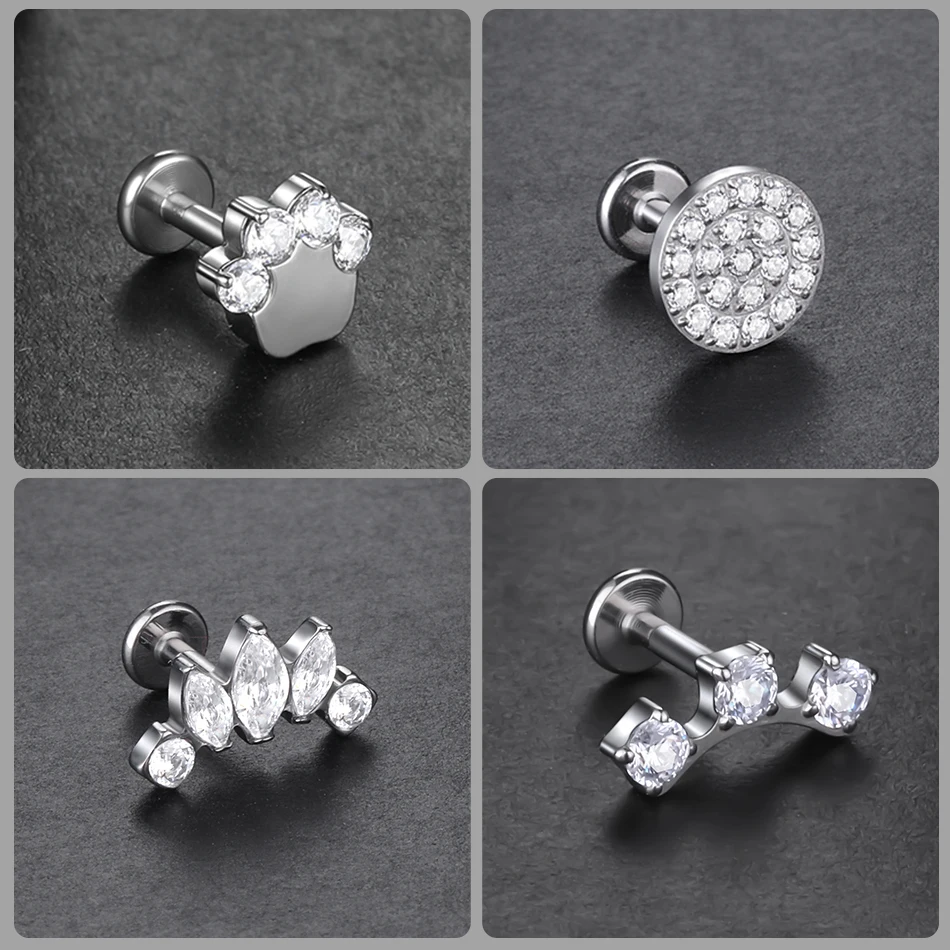 Piercings de titanio de 16G para mujer, joyería de zirconia para el cartílago de la oreja, Tragus, hélice, Daith, Labret Stud, 1 unidad