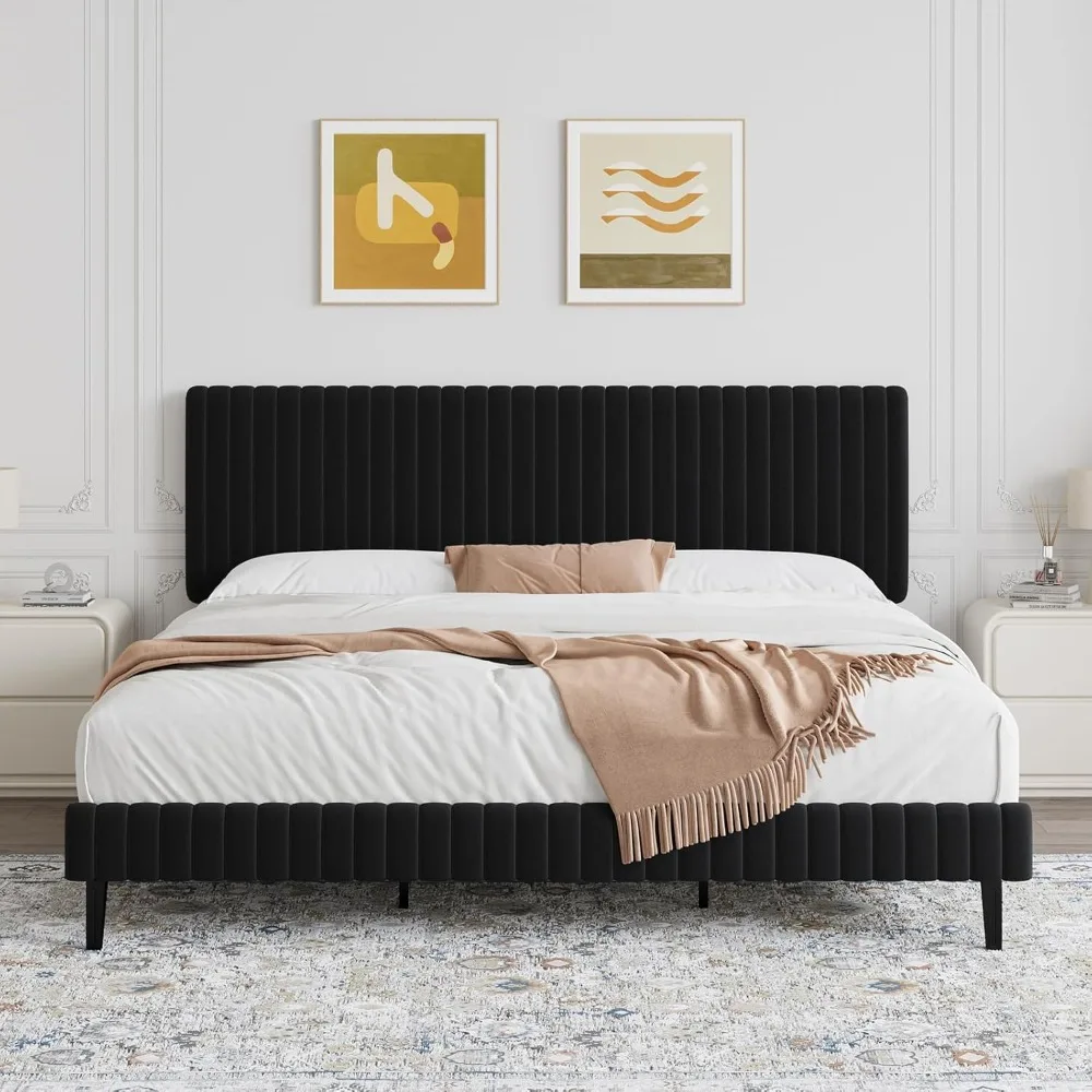 

King Size Bed Frame, Velvet Upholstered Platform Bed with Vertical Channel Tufted Headboard and Footboard, No Box Spring Require