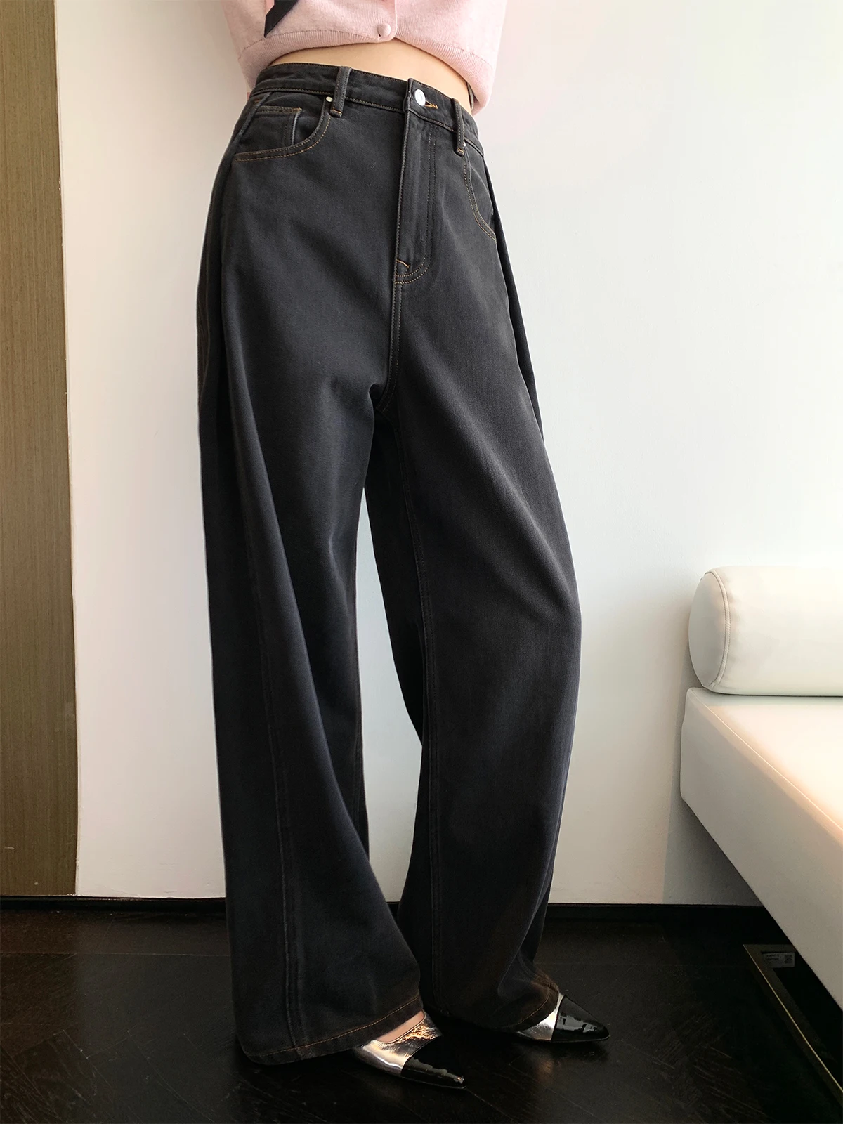 

ZhouMiao High Waist Straight Leg High Pile Velvet Loose Casual Women's Jeans Retro Deep Color 3D Fold Double Flap Denim Pants