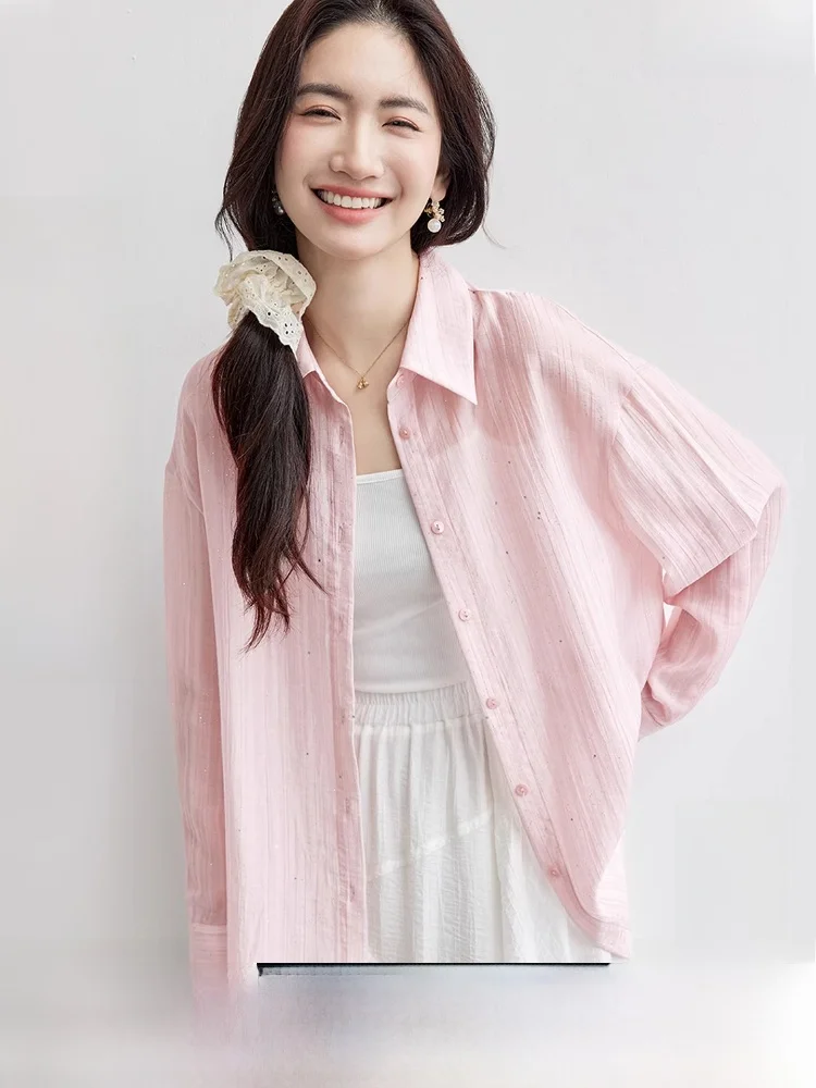 

Blue Ruffle Sve irt Women's Spring 2026 New Sle Thin Long Sve Outerwear iny Sequin Loose Fit Button up Top