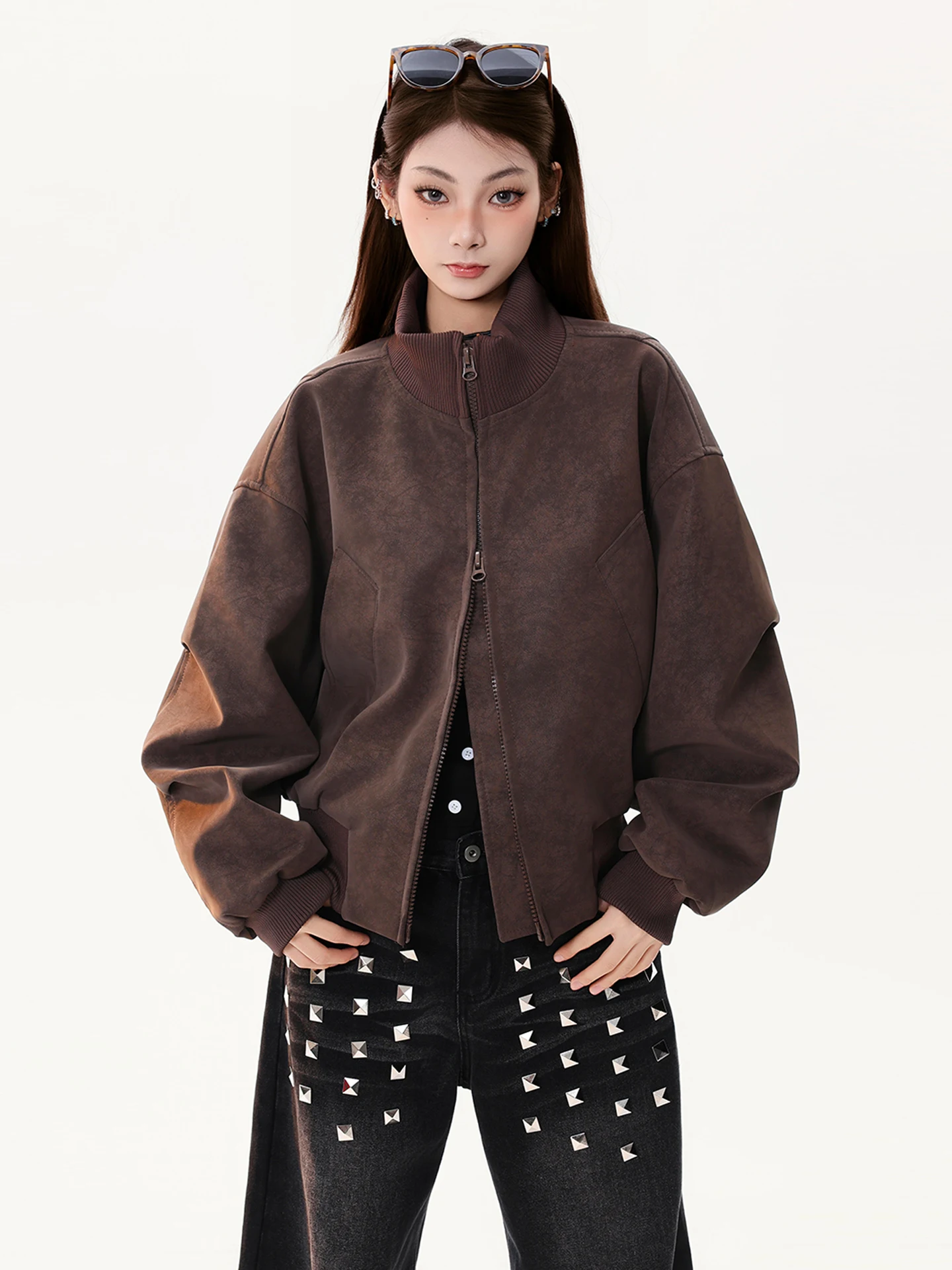 PBB American Street Sle Loose Dames Leren Jas Herfst Flight Couple's Jaet Polyester Fiber Straight Tube pe