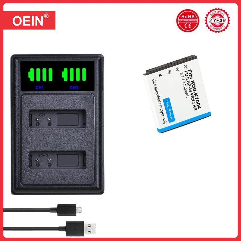 Klic-7004 D-Li68 Battery and Charger for Fujifilm NP-50, Fuji X10 X20 F50 F75 F665 F775, for Kodak M1033 M1093 V1073 Zi8 Zi12