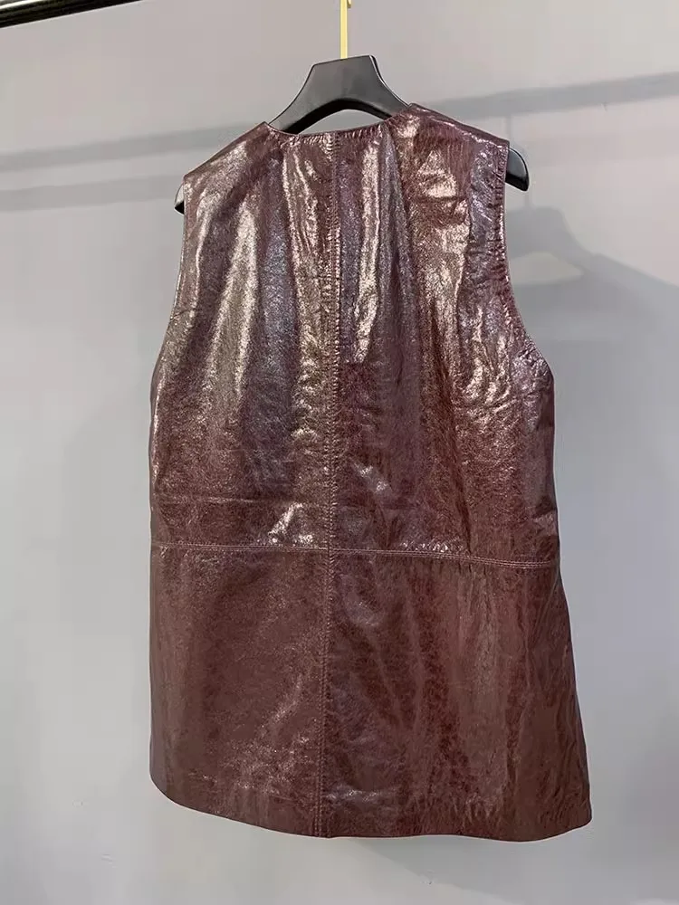 숙녀 정품 가죽 세련된 V 넥 드레스 오일 왁스 더블 브레스트 봄 가을 풀오버 패션 고품질 2025 탱크 드레스