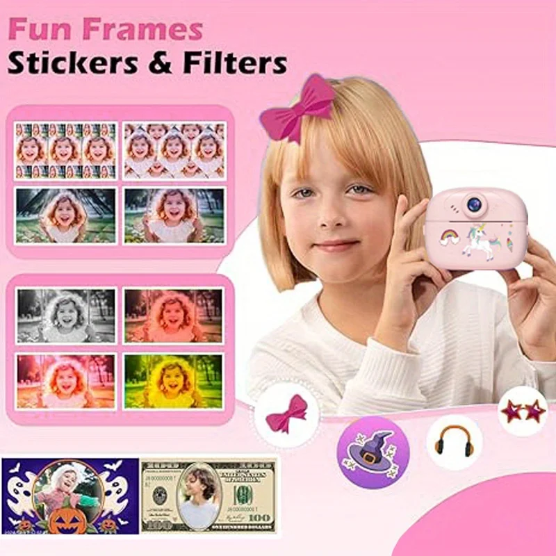 FHD Print Camera Cute Creative Thermal Paper Instant Print Photo Video Outdoor Travel Camera Support 32GB Memory Card