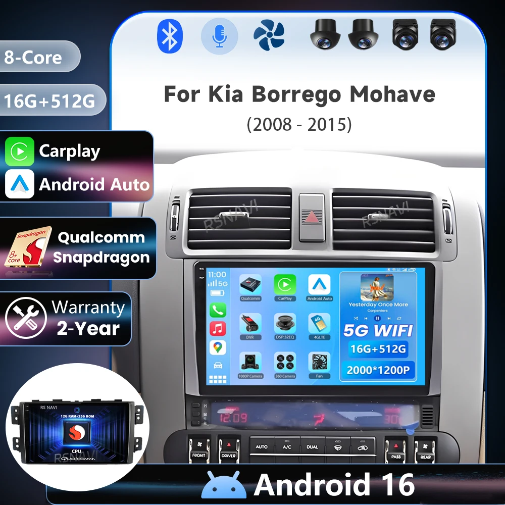 Android 16 Qualcomm Carplay Auto 2K Screen Car Radio Multimedia For Kia Borrego Mohave 2008 - 2012 GPS Wireless Video Head Unit