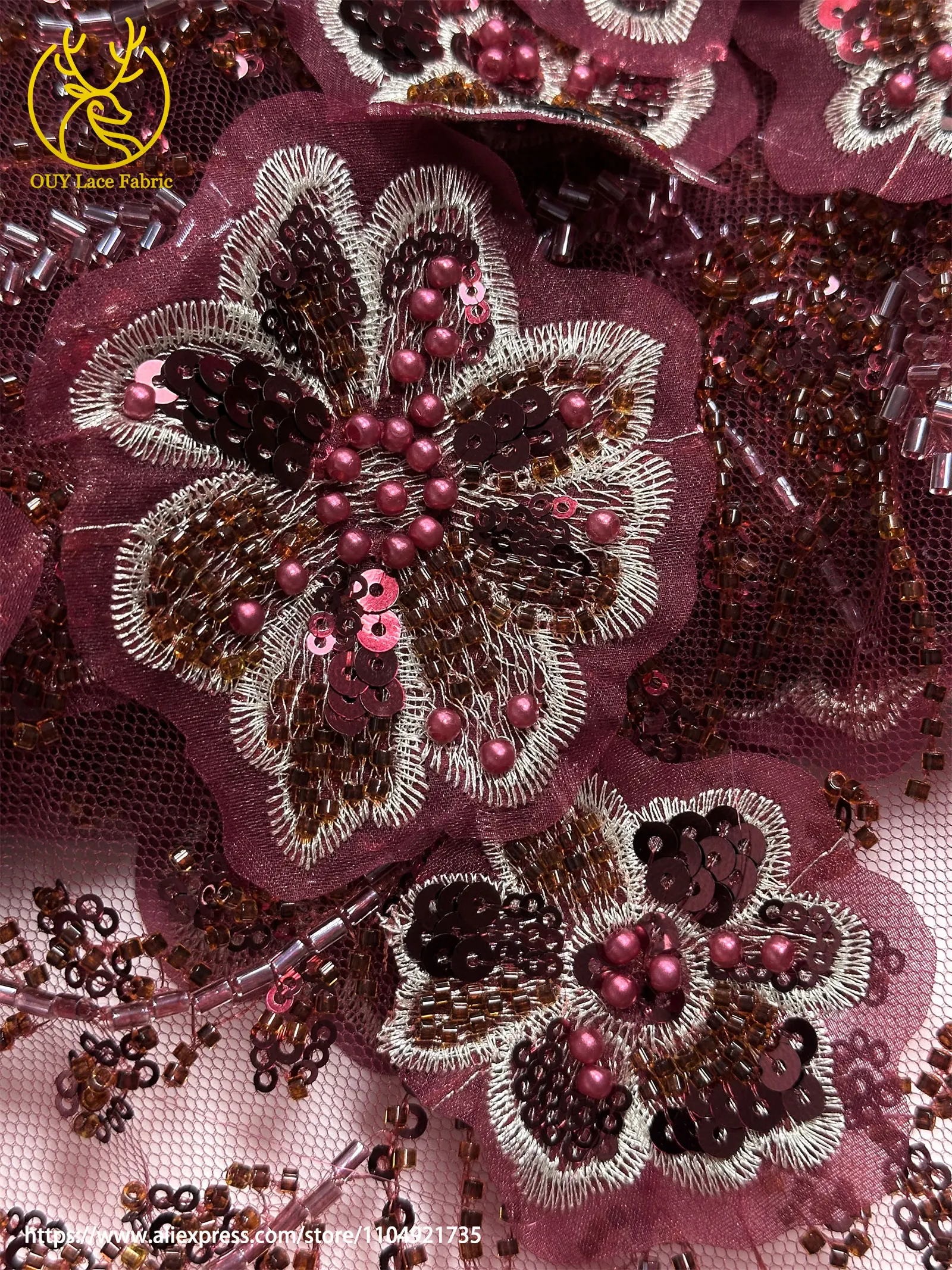 Afrikanischer Perlenstickerei-Spitzenstoff 2026 Hochwertige Französische 3D-Blumen-Pailletten-Stickerei Tüllspitze für Party- und Hochzeitskleider – Detail 24
