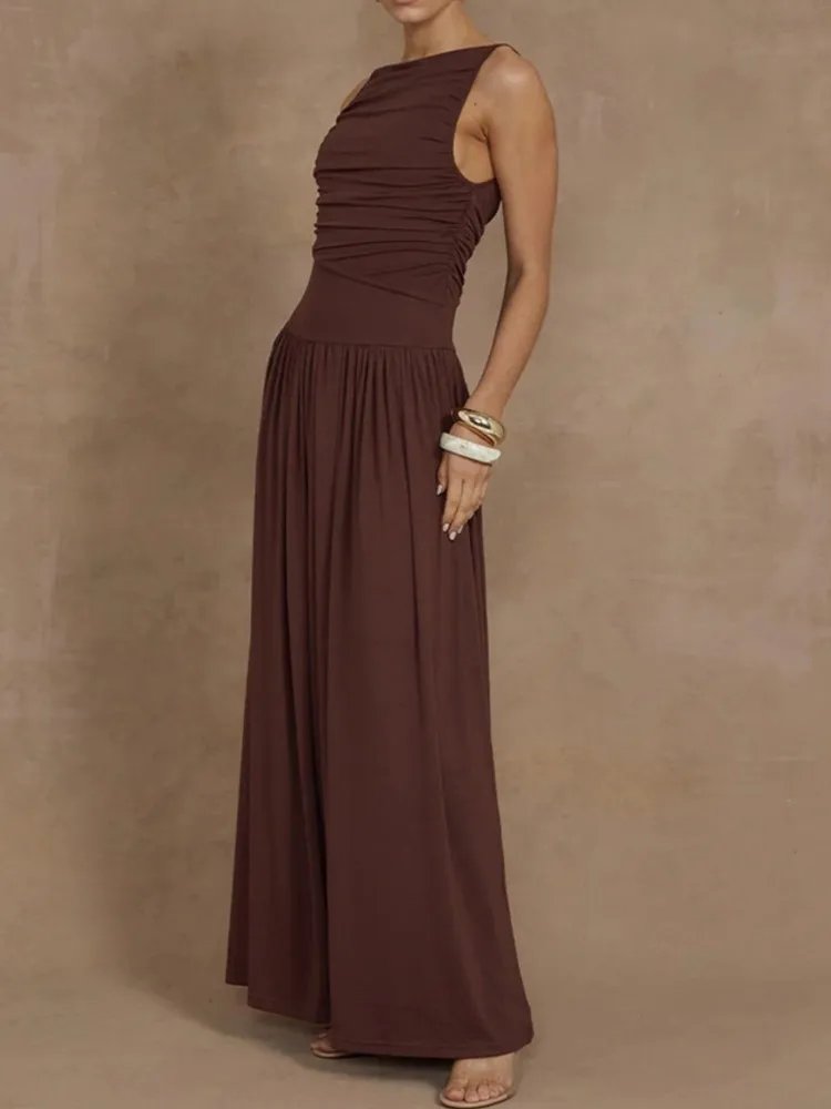 Fashion Solid Color Slim Party Evening Dresses Women Temperament Folds Bodycon Sleeveless Long Dress Elegant Lady Club Vestidos
