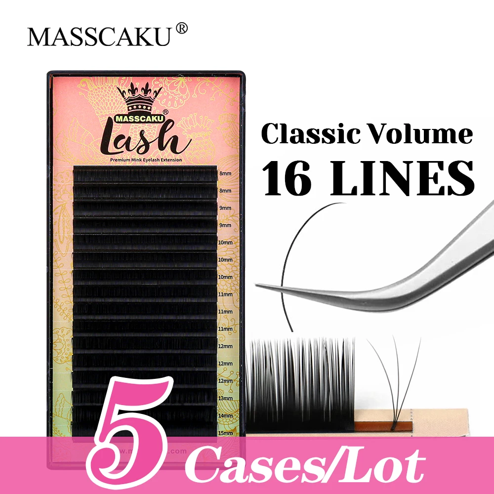 

MASSCAKU 5cases/lot 16 Lines Korean PBT Fiber Classic Regular Eyelash 8-16mm and Mix Length Russian Volume Eyelashes in Stock