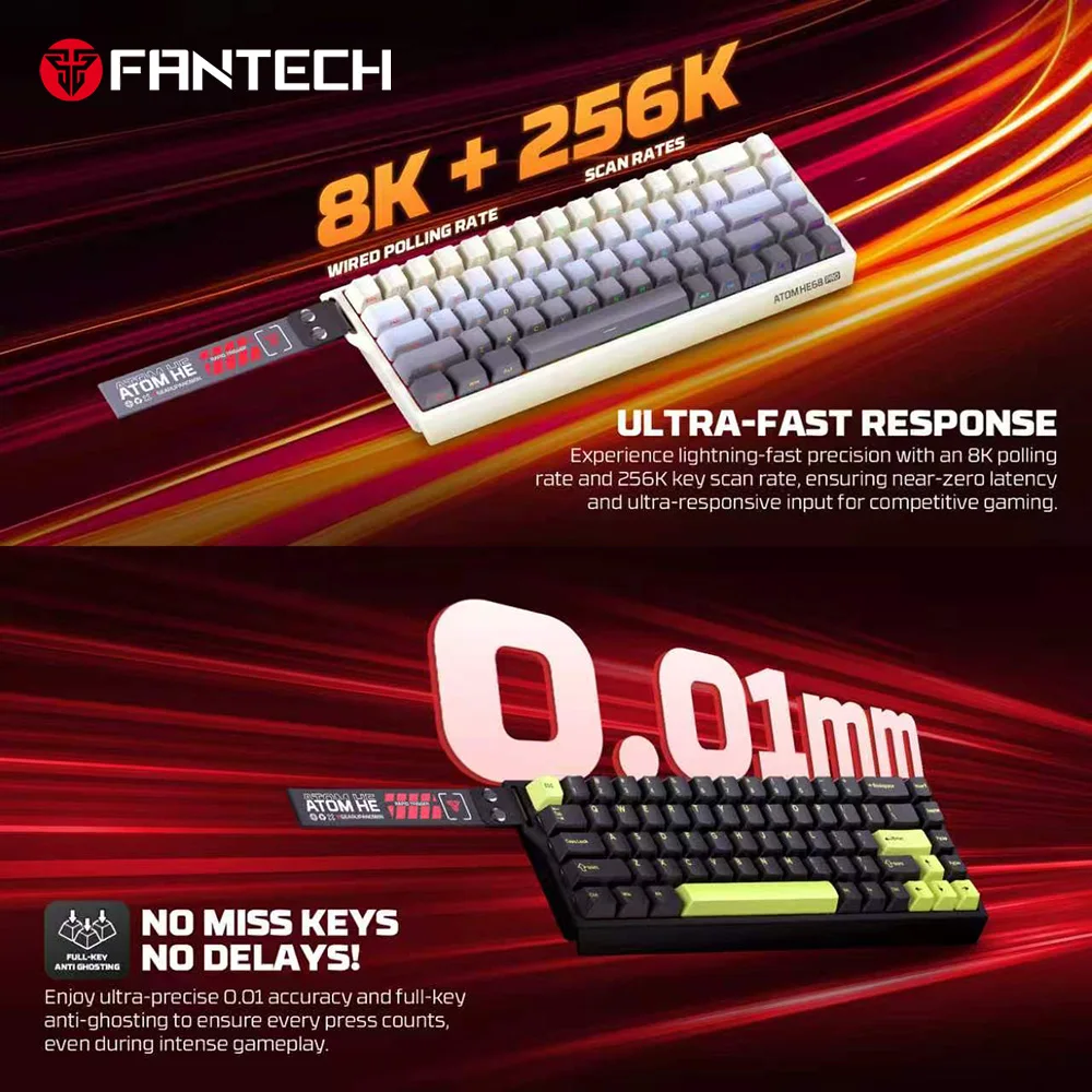 FANTECH ATOM HE68 PRO Wireless Gaming Keyboard 8K Polling Rate Magnetic Switches Web Macro Wireless Mechanical Keyboard