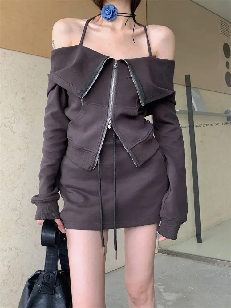 2023 Autumn Sportswear Clothing Suit Korean Fashion 2 Piece Set Woman Solid Casual Cardigan + Slim Y2k Mini Skirt Office Lady